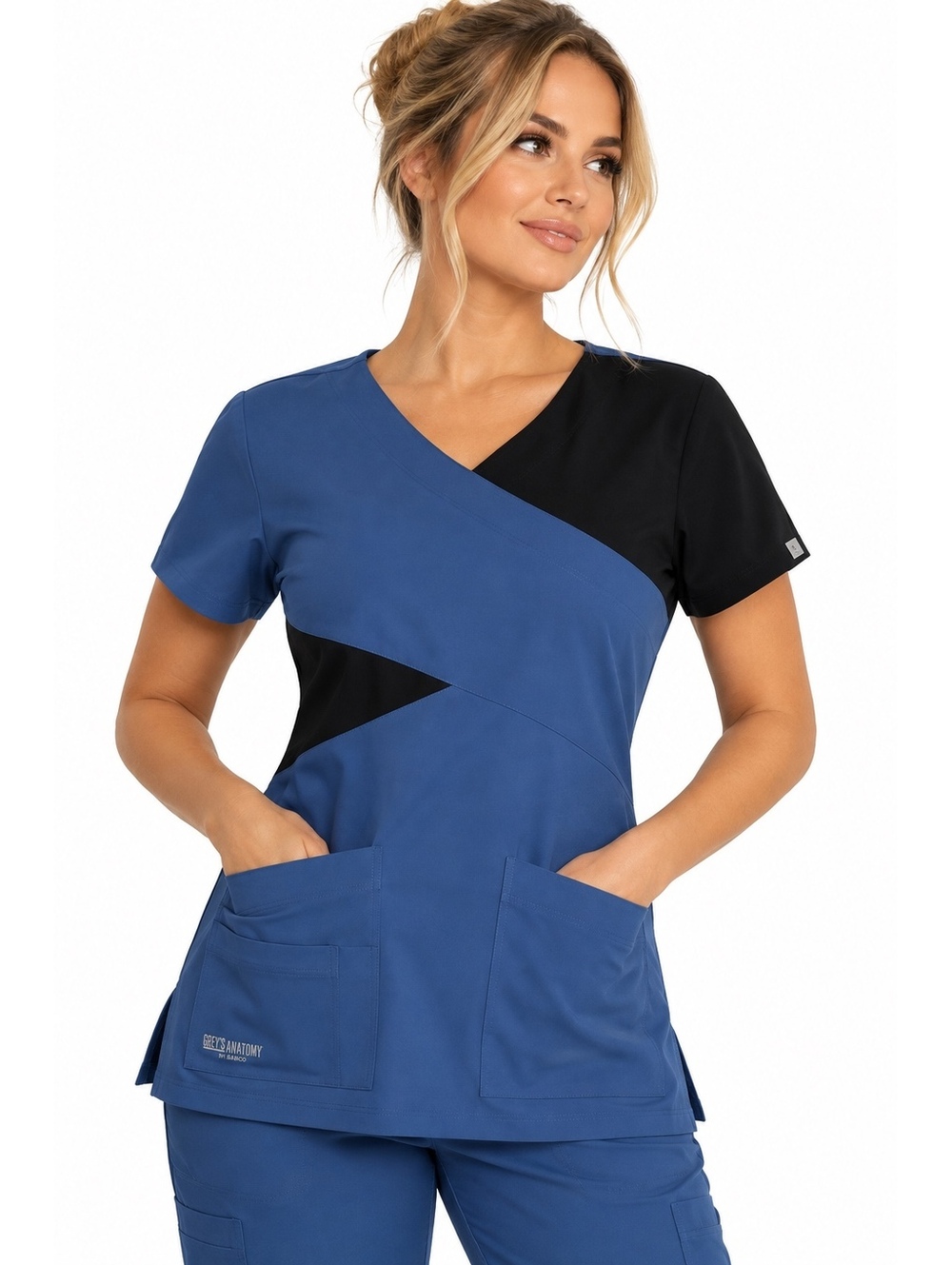 Grey’s Anatomy Barco Signature Mock Wrap Scrub Top Blue Black XL